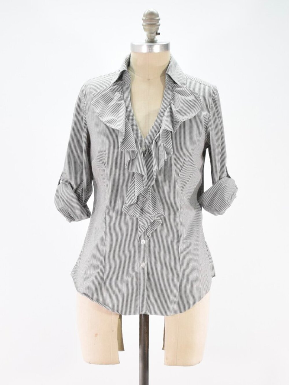 White House Black Market Gray Pinstripe Ruffle Collar Button-Up Blouse